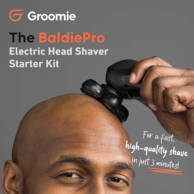 Groomie Cordless Bald Head Shavers for Men BaldiePro Head Grooming Starter Kit - Includes Ergonomic BaldiePro Head Shaver SmoothShave Blade 2.0 Cleaning Brush Charging Cable &amp User Manual