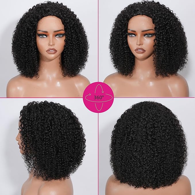 Half Wig Human Hair - 200% Density Curly Half Wig 3 In 1 Wear Go Glueless Wigs 16 Inch Drawstring Seamless Kinky Curly Flip Over Headband Wig Human Hair Beginner Friendly