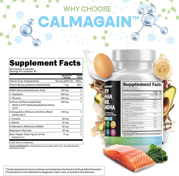Clean Nutraceuticals GABA 750mg 5 HTP 200mg L Tryptophan 500mg L Theanine 200mg Ashwagandha SAM-e L-Glycine - Mood Support Vitamins for Women and Men with L-Tyrosine (90 Count (Pack of 3))