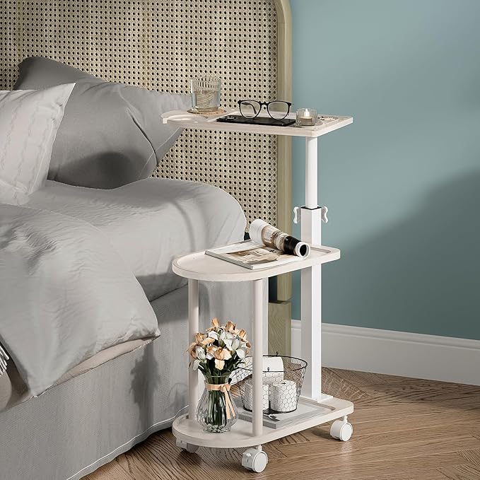 Bamboo 3-Layer Bathtub Tray Stand Freestanding Rotating Caddy with Adjustable Height Decorative Bathroom Shelf &amp Indoor Plant Stand Spa Organizer for Tub Side Use Vintage White