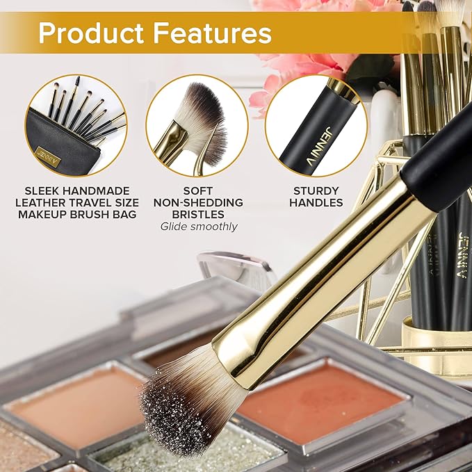JENNI V Premium Travel Makeup Brushes Set - 14 Pc Mini Makeup Brushes with Handmade Leather Case - Portable Travel Makeup Brush Set with Holder - Travel Size Makeup Products for Blush Foundation