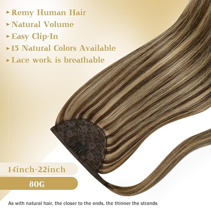 Ve Sunny Ponytail Extension Real Human Hair for Women Clip in Ponytail Hair Extension Straight Hair Pieces Wrap Around Chocolate Brown Mix Caramel Blonde 18inch 80G