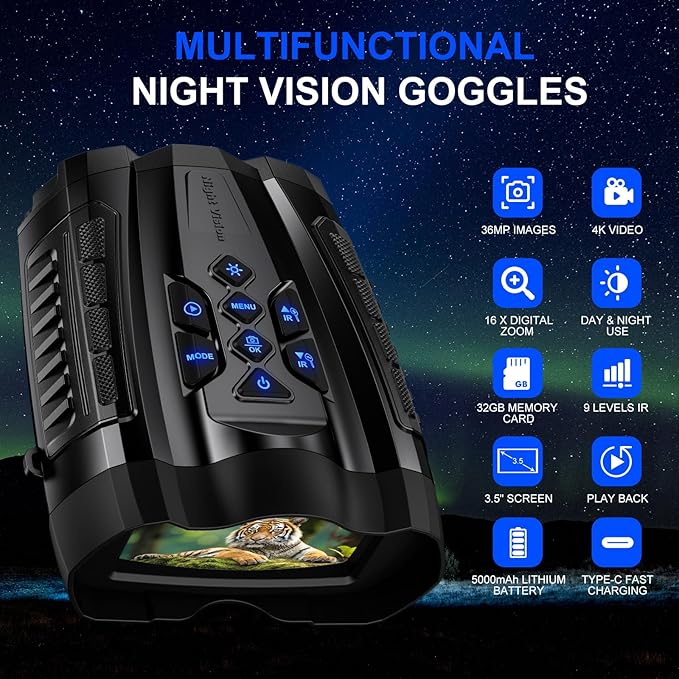 Night Vision Goggles4K Night Vision Binoculars for Adult with 5000mAh Rechargeable Battery16X Digital Zoom3.5 HD Screen and 1000FT Viewing Range32GB TF Card for Photo and VideoIdeal Gift for Men