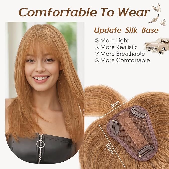 Rich Choices Real Human Hair Toppers for Women 3D Cover Clip in Bangs 100% Remy Human Clip in Silk Base Hair Topper with Bang for Thinning 150% Density 14 Inch #6 Light Brown
