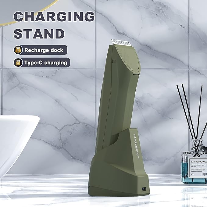 MANSPOT Manscape Trimmer for Men Ball/Pubic/Groin Electric Body Hair Trimmer Replaceable Ceramic Blade HeadsWaterproof for Wet/Dry UseStanding Recharge Dock90 Minutes Shaving After Charged(Green)