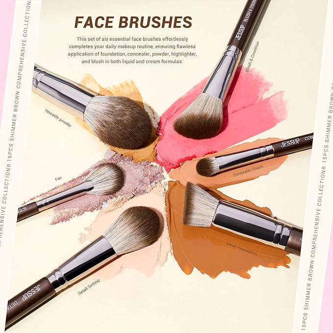 Jessup Makeup Brushes Set 15pcs Brown Make up Brushes Set Professional Premium Synthetic Foundation Eyebrow Concealer Blush Eyeshadow Contour Eyeliner Powder Blending Highlighter Brush T498
