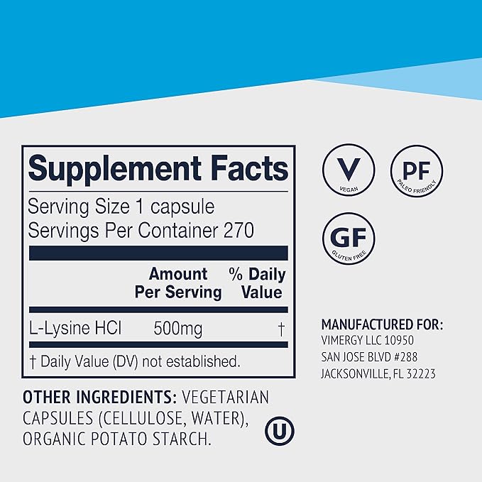 Vimergy L-Lysine ? Promotes Healthy Skin Hair &amp Nails* ? Supports Healthy Metabolism* ? Vegan Non-GMO &amp Gluten-Free ? 270 Capsules