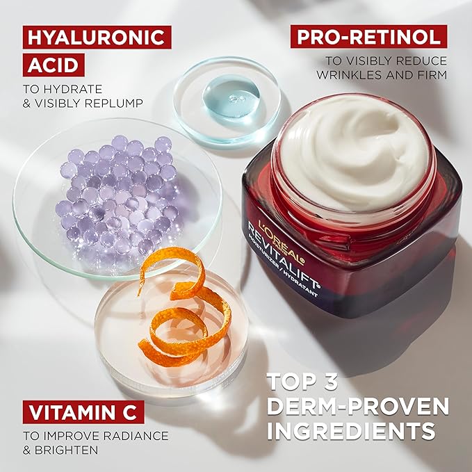 L'Oreal Paris Revitalift Triple Power Anti-Aging Face Moisturizer Pro Retinol Hyaluronic Acid &amp Vitamin C to Reduce Wrinkles Firm &amp Brighten Skin 1.7 Oz