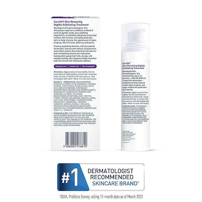 CeraVe Skin Renewing Nightly Exfoliating Treatment Anti Aging Serum With 5% Blend Of Glycolic Acid &amp Lactic Acid Wrinkles &amp Dark Spot Corrector For Face Exfoliating Gel 1.7 Oz