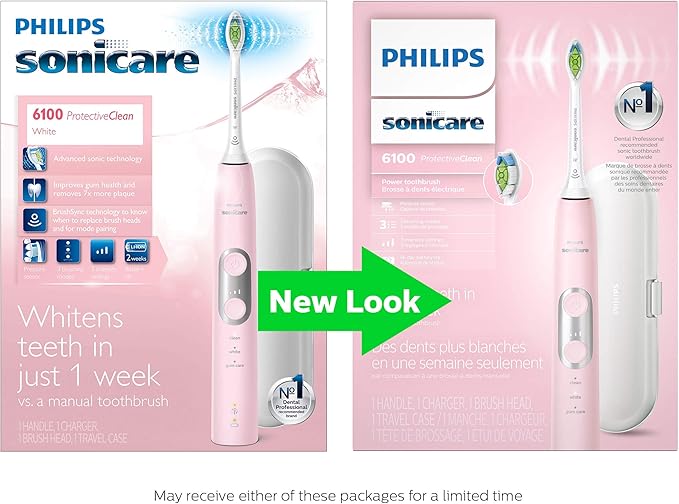 Philips Sonicare ProtectiveClean 6100 Rechargeable Electric Toothbrush with Pressure Sensor 3 Cleaning Modes SmarTimer and QuadPacer 14-Day Battery Life Travel Case Pink Model HX6876/21