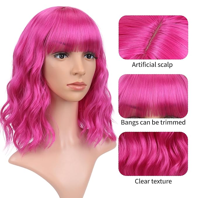 FAELBATY Short Curly Wavy Hot Pink Wigs with Air Bangs Shoulder Length Wig for Women Synthetic Halloween Cosplay Costume for Girl (12 Hot Pink)