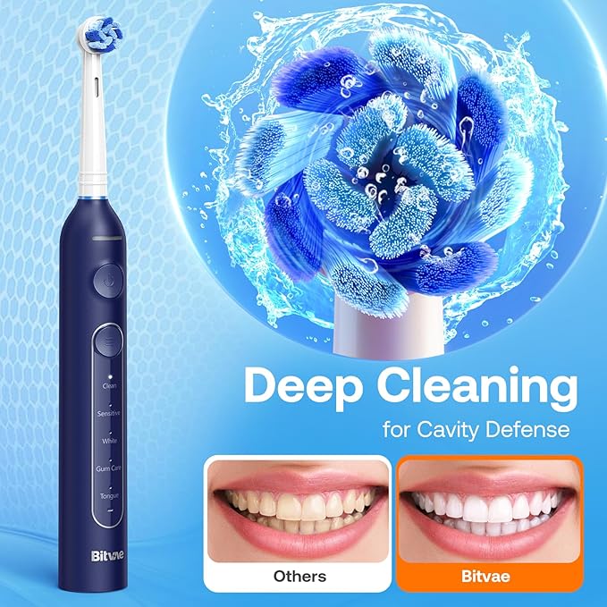 Bitvae R2 Rotating Travel Electric Toothbrush 8 Professional Brush Heads Carrying Case 5 Teeth Care Modes Pressure Alerts to Prevent Gum Injury Long Duration