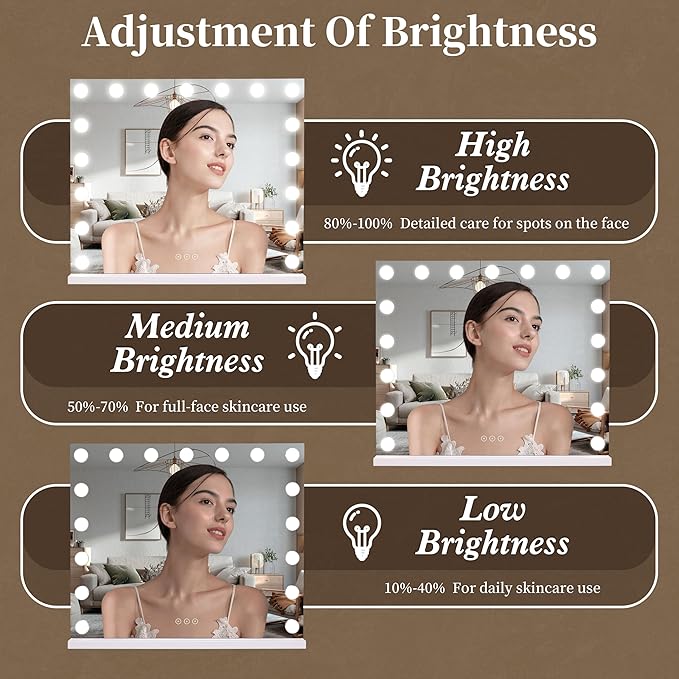 Vanity Mirror with LightsMakeup Mirror with 17 Dimmable LED Bulbs 3 Color Lighting Modes Detachable 10X Magnification Mirror Touch Control 23.6X197 inch White