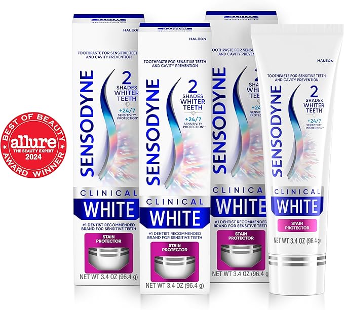 Sensodyne Clinical White Toothpaste Clinically Proven Whitening for Sensitive Teeth Stain Protector 3.4 oz x 3