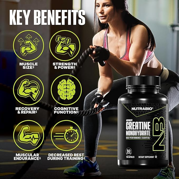 NutraBio Pure Micronized Creatine Monohydrate Capsules Creatine Pills Supports Bulk Muscle Energy Recovery and Strength - Keto Friendly Kosher Creatine Nutritional Supplement for Men and Women