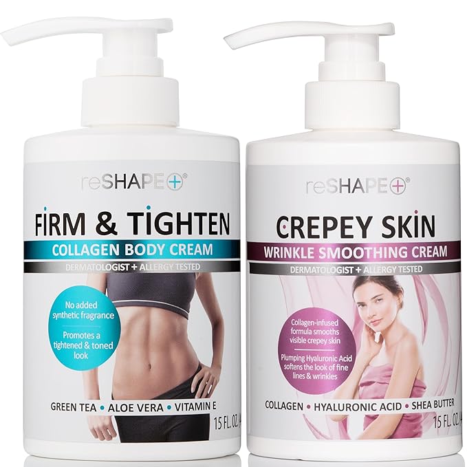 Reshape Collagen Body Cream + Crepey Skin Treatment Lotion Moisturizer Skin Care Set Crepey Skin Cream Targets Wrinkles &amp Sagging Skin While Collagen Hydrates + Tightens Skin 15 Fl Oz (Pack of 2