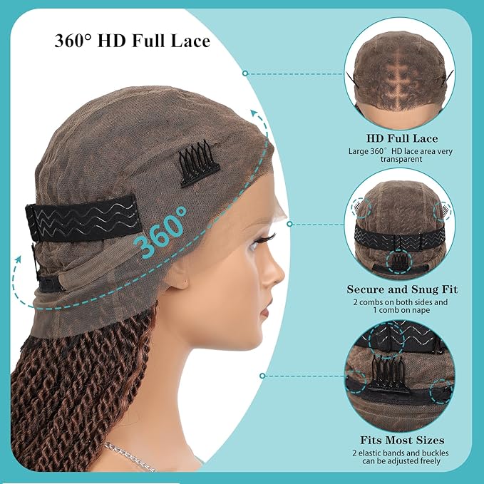 Kalyss HD Full Lace Boho Braided Wigs for Women 360 Lace Front Twist Braided Wigs with Baby Hair Brown Premium Synthetic Knotless Braid Wig 36