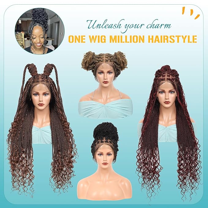 Kalyss HD Full Lace Boho Braided Wigs for Women 360 Lace Front Twist Braided Wigs with Baby Hair Brown Premium Synthetic Knotless Braid Wig 36