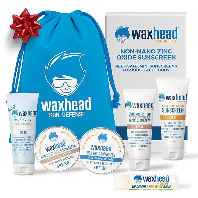 Waxhead Travel Size Sunscreen Sampler Box - Non-Nano Zinc Oxide Coral Reef Safe Biodegradable Sunblock SPF 30. Zinc Lip Balm Solid Mini Paste Tins (.5oz) Tinted Baby + Everyday (1oz) in Canvas Bag
