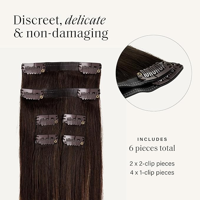 Luxy 100% Remy Human Hair Extensions for Thin Hair Thinning Hair Fill-Ins ? 6 Seamless Wefts Multi-Dimensional Color Blend - Natural-Looking Volume &amp Coverage 95 grams 20 Dark Brown Balayage