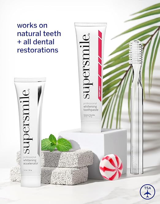 Supersmile Peppy Mint Teeth Whitening Toothpaste Set Complete 5-Piece Travel Set with 3 Toothpastes 1 Accelerator &amp 1 Toothbrush Whitening Toothpaste Kit Whitens up to 6 shades.