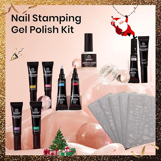 Beetles Nail Stamp Gel 16Pcs French Tip Nail Stamp Kit with 8 Colors Stamper Gel Polish 5 Nail Stamping Templates Scrapers Liquid Latex &amp Short Silicone Stamper Gift for Women