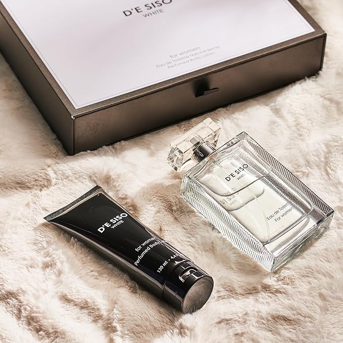 Classic D'E SISO White Fragrances Gift Set - Moisturizing Scented Body Lotion and Eau de Toilette Floral Perfume for Women with Vanilla Orange Amber and Musky Ingredients - Locion y Perfume de Mujer