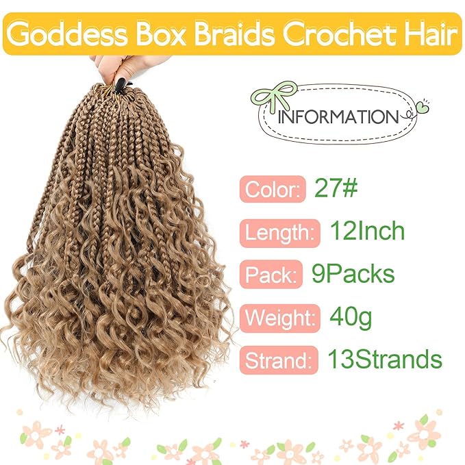 Fulcrum Goddess Box Braids Crochet Hair 12 Inch9 Packs Crochet Boho Box Braid for WomenPre-looped Bohemian 3X Braids Hair with Curly Ends(12Inch 27#)