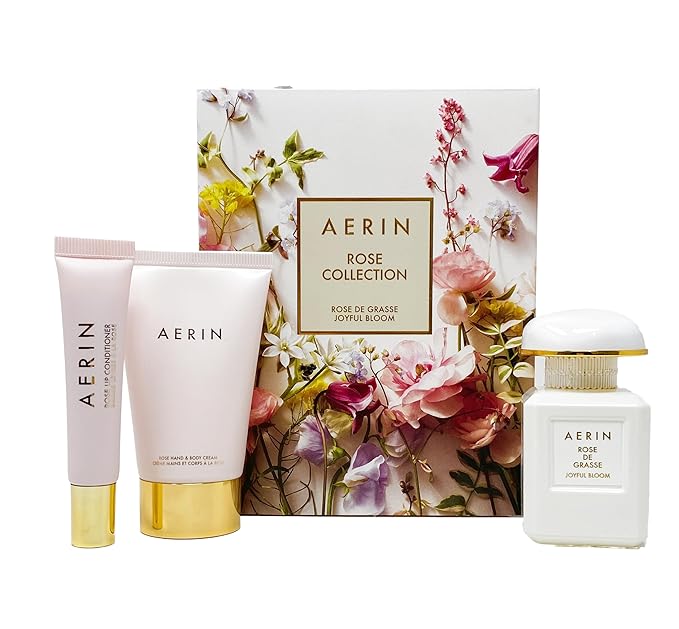 AERIN Rose Collection - Rose De Grasse Joyful Bloom Set - EAU De Parfum (1 fl oz / 30 ml) Hand and body cream (1 fl oz / 30 ml) and Lip conditioner (.34 fl oz / 10 ml).