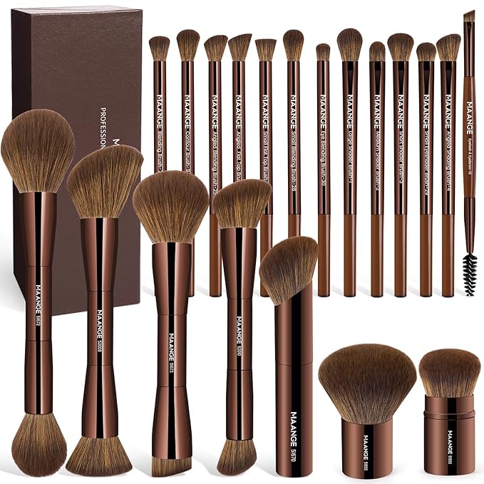 MAANGE 20 Pcs Makeup Brushes with Gift Box Double-End Multi-functional Makeup Brushes for Blending Liquid Powder Concealer Cream Blush BuffeDark Brown