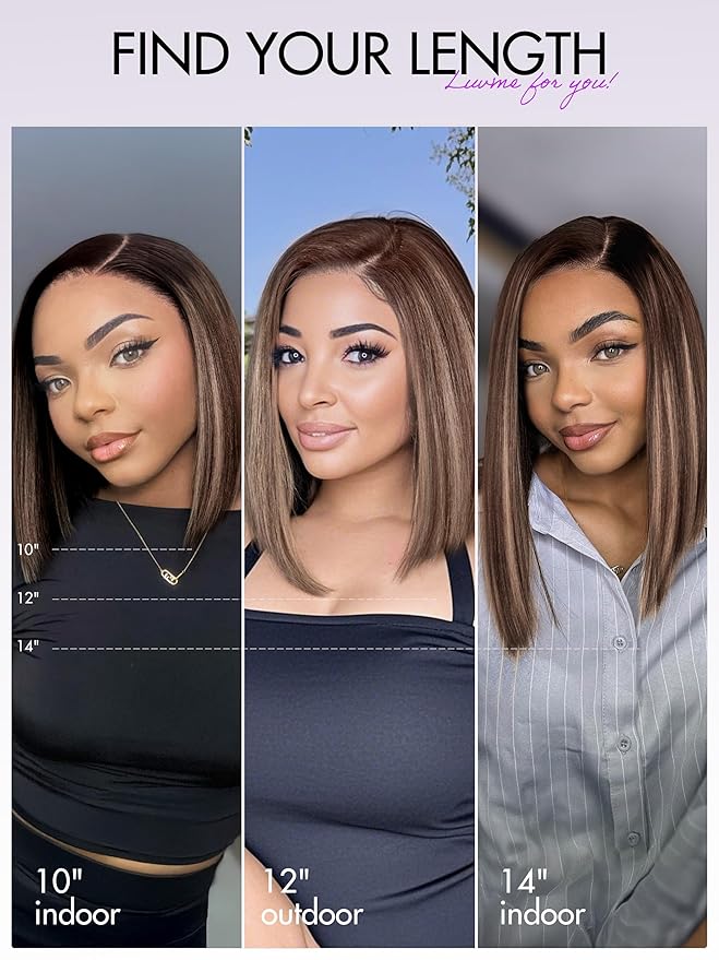 LUVME HAIR Bob Wig 100% Human Hair Wigs Glueless Lace Front 200% Density 12 Inches Mix Highlights Bob Pre Cut Plucked Hd Lace Short Wig Ready To Go Natural Color Straight Bleached Knots Side Part