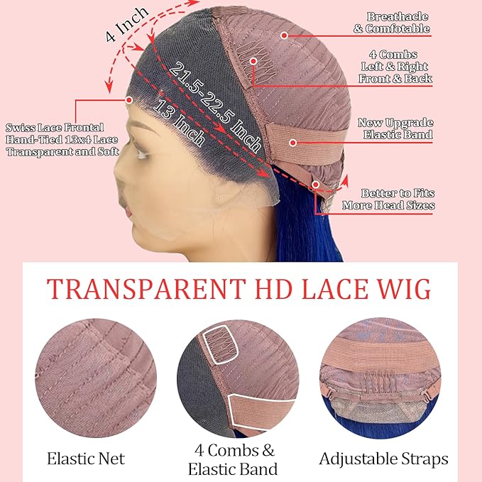 PANDA ANGEL Straight Lace Front Wigs Human Hair Blue 13x4 Hd Transparent Lace Frontal Wig Wear and Go Glueless Navy Blue Wigs Human Hair for Black Women Colorful Dark Blue Lace Front Wig 36 Inch