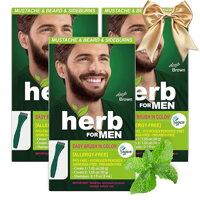 Herb For Men Mustache &amp Beard Dye (Deep Brown 3 Pack) PPD-Free Ammonia-Free Hypoallergenic Beard Dye Vegan with Natural Ingredients Odorless Gentle for Sensitive Skin No Skin Irritation