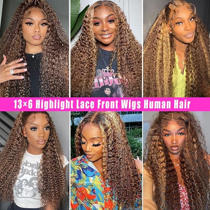 30 Inch Honey Blonde Highlight Ombre Lace Front Wig Human Hair 200% Density 13x6 HD Deep Wave Curly Wig Pre Plucked with Baby Hair
