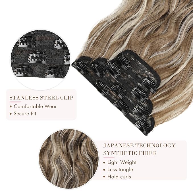 REECHO Hair Extensions 4PCS Clip in Hair Extensions HE001 Natural Soft Synthetic Hairpieces for Women (20 Inch-200 Gram (Pack of 4) Ash Brown with Platium Highlights)