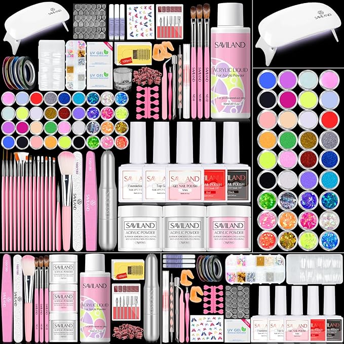 SAVILAND Acrylic Nail Kit with Drill and U V Light ? Clear White Pink Acrylic Powder Black Red White Gel Nail Polish Nail Tools for Nail Art Gel Nails DIY