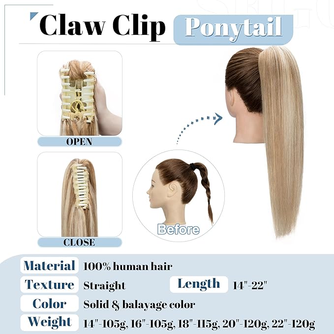 SEGO Claw Clip Ponytail Extension Human Hair Clip in Ponytail Hair Extensions Real Human Hair Pony Tails Hair Extensions Long Straight For Women -16 Inch Golden Brown&ampBleach Blonde 105 Gram