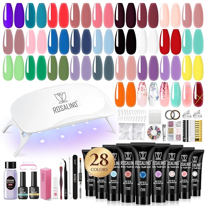 ROSALIND 28 Colors Poly Nail Gel Kit with Mini Lamp Clear Neon Poly Nail Gel Starter Kit for Beginners Halloween All Seasons Classic Colors with Everything