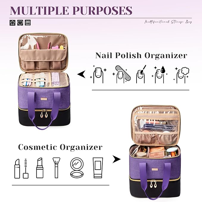 Nail Polish Organizer - Double Layer Storage Box Holds 42 Bottles &amp Nail Tech Kit Supplies