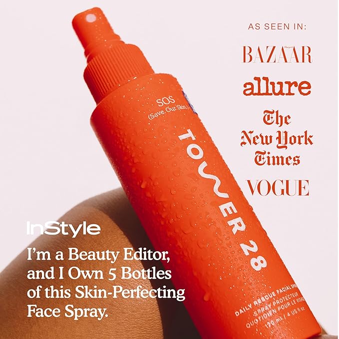 Tower 28 SOS Daily Rescue Facial Spray for Sensitive Skin Hypochlorous Acid Spray Helps Reduce Redness and Breakouts Full Size Toner for Face 4 FL Oz