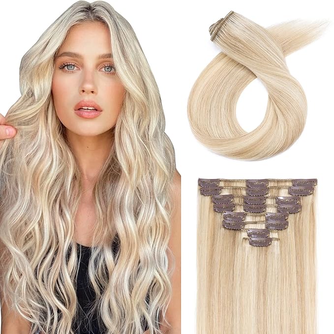 Hairro 100% Human Hair Clip in Extensions Straight Real Hair Hairpieces Machine Weft Extensions to Add Length for Women 20 Inch 8pcs 18 Clips Long Thin Ash Blonde Mix Bleach Blonde