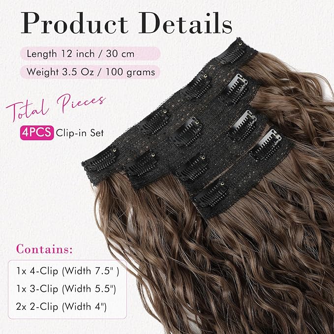 REECHO Clip in Hair Extensions - 4PCS 12 Short Curly Wavy Brown Hairpieces - Invisible Lace Weft - Natural Soft - Ginger Brown