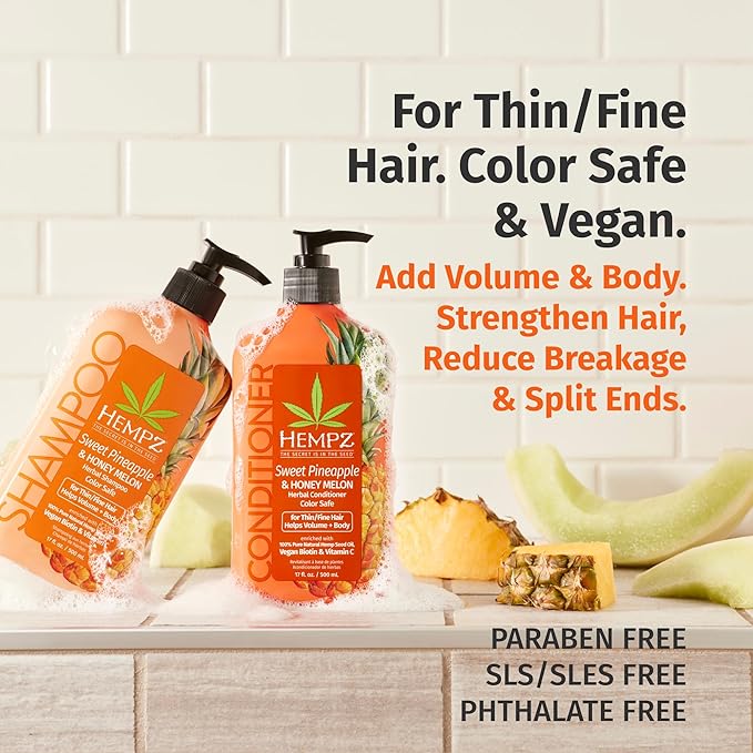 HEMPZ Hair Shampoo &amp Conditioner Set - Sweet Pineapple &amp Honey Melon Scent for Thin/Fine Dry Damaged and Color Treated Hair Hydrating Softening Moisturizing with Biotin Duo Set - 33.8 fl o