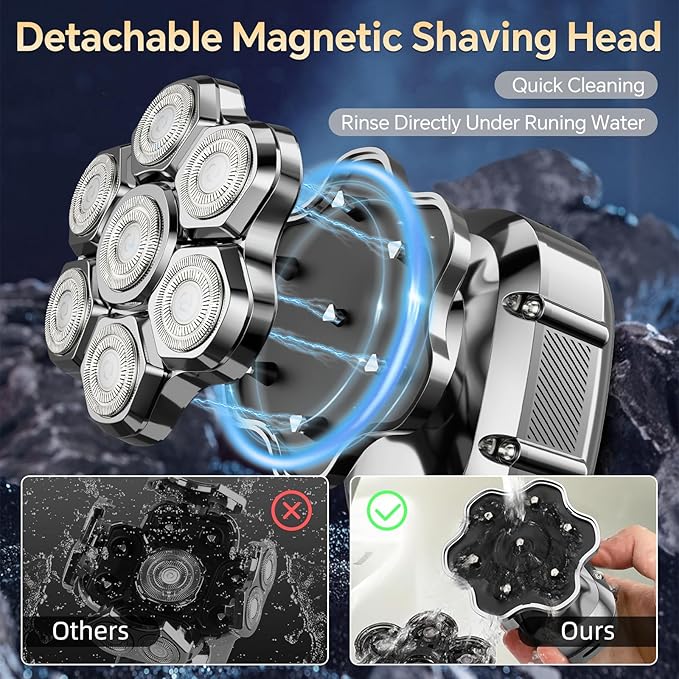 RUIM Head Shavers for Bald Men 7D Magnetic Rotary Electric Razor IPX7 Waterproof for Wet &amp Dry Use with LED Display USB-C Charging &amp 5-in-1 Grooming Kit