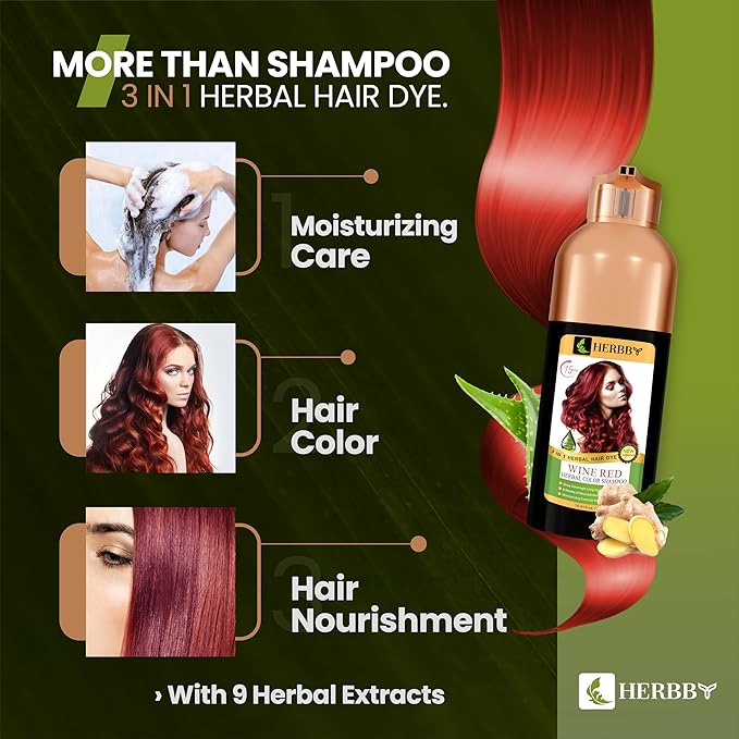HERBBY Hair Color Shampoo for Gray Hair Coverage&ampColor Transform with 9 Herbal Extracts ?Long Lasting(6-8 Weeks)ShinyEvenly ColoredInstant Hair Dye Shampoo&ampConditioner 500 Ml (WINE RED COL