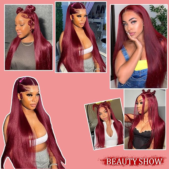 PANDA ANGEL 32 Inch Burgundy Lace Front Wigs Human Hair Red Burgundy Wig Human Hair 13x4 Hd Transparent Lace Frontal Wigs Human Hair 99J Burgundy Straight Wigs for Women