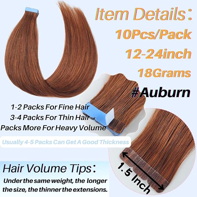 Auburn Mini Tape in Hair Extensions Human Hair Invisible Reusable Red Brown Remy Hair Extensions Real Human Hair Tape Ins 18 Inch