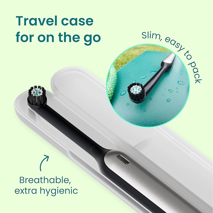 Quip 360 Oscillating Rechargeable Electric Toothbrush with Extra Brush Head - Soft Bristles Pressure Sensor 3 Intensities 30-Day Battery Life 2-Min Timer Travel Case Mirror Mount - Blue Stone