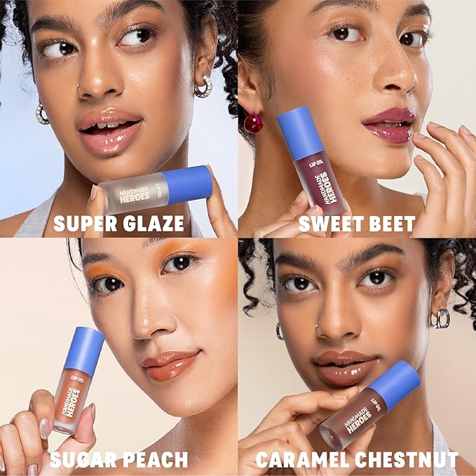 Handmade Heroes 100% Natural Vegan Lip Oil with Squalane Non-Sticky Lip Gloss Moisturizing Shiny Nourishing Korean Lip Gloss Lip Treatment Christmas Gifts - Pack of 3