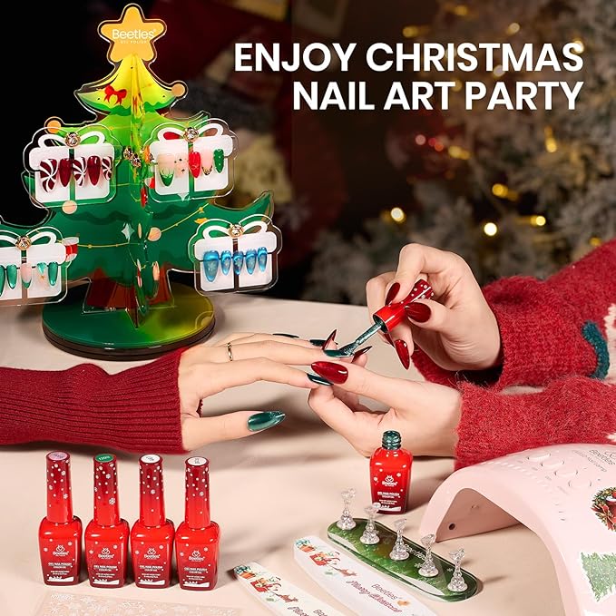 Beetles 67Pcs Gel Nail Kit Crystal Christmas Gifts for Women Teen Girls - 12 Colors Cat Eye Red Glitter Gel Polish Kit with U V Light &amp Nails Stand Acrylic Holder Display Nails Stuff Manicure Set